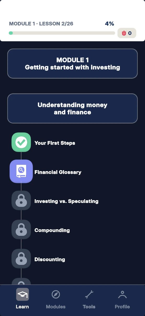 Waddlu app: the lesson path in Module 1
