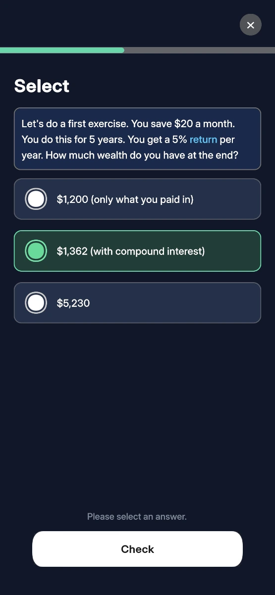 Waddlu app: a compound interest exercise with three answer options