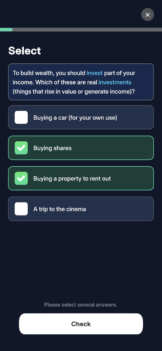 Waddlu app: a multiple choice question about which purchases are investments