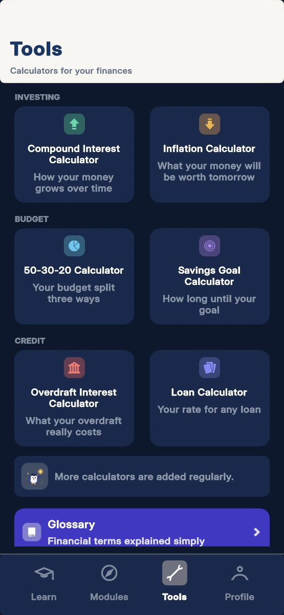 Waddlu app: the Tools tab with six financial calculators and a glossary